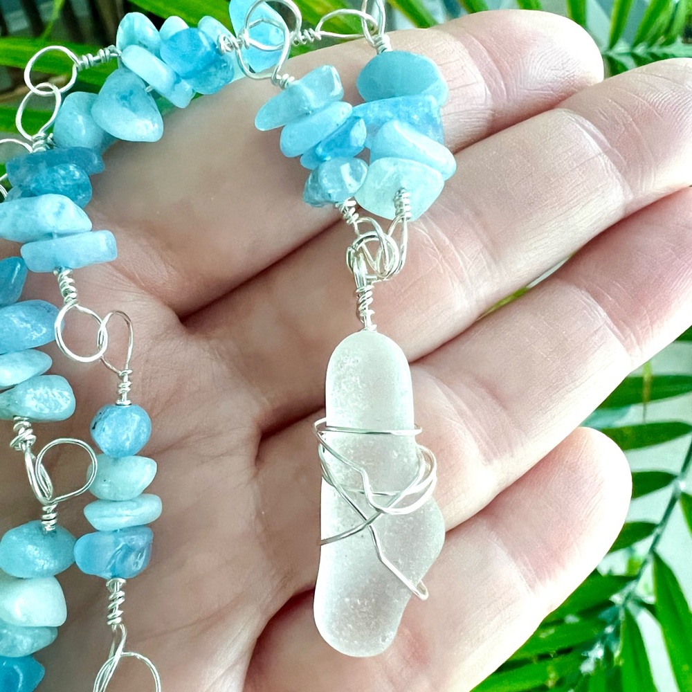 Caribbean Seaglass + Aquamarine Crystal Handmade Necklace